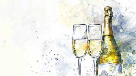 Champagne bottle with flutes on aquarelle background. Watercolor art of celebratory drinks. Concept of celebration, toast, elegance, festivities, romance, and New Year. Copy space. Bannerの写真素材