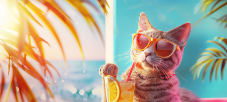 Cat in sunglasses holding cocktail, tropical blurred backdrop. Stylish feline with soft drink. Banner. Copy space. Concept of summer vibes, refreshing drinks, vacation, leisure, holidays, cute petsの写真素材