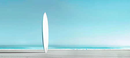 Surfboard standing on sandy beach. Surfboard upright on shoreline. Concept of summer, surfing, beach activities, and coastal lifestyle. Copy space. Bannerの写真素材