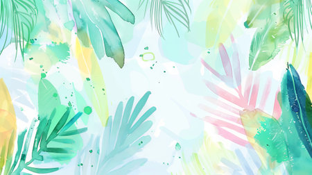 Bright summer tropical background with colorful pastel leaves. Trendy botanical wallpaper with vibrant colors. Festive mood. Banner. Copy space. Mockup for design. Watercolor illustrationの写真素材