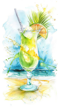 Refreshing tropical cocktail against ocean background. Vibrant drink in natural setting. Concept of summer drinks, exotic beverages, leisure. Banner. Space for text. Watercolor illustrationの写真素材