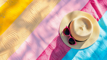 Straw hat and sunglasses on a colorful beach towel. Summer accessories for sun protection. Concept...