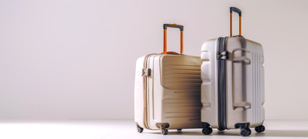 Two modern luggage sets on a light background. Two suitcases ready for travel. Concept of travel,...