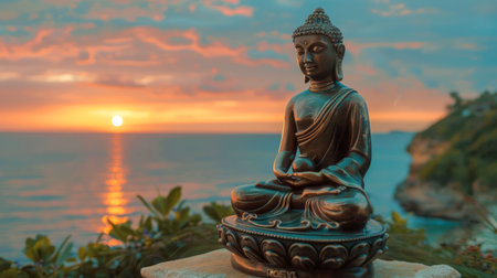 Buddha statue in lotus position in a natural setting. Buddhist sculpture in serene landscape. Concept of Buddhism, Zen, meditation, religion, peace, spiritual awakening. Copy spaceの写真素材