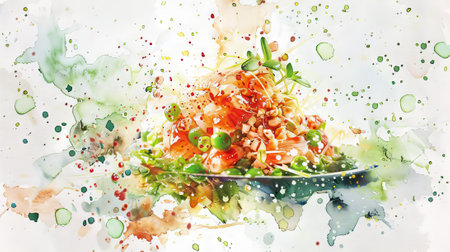 Watercolor illustration of Larb Moo, traditional Thai dish, featuring minced pork, chili, fresh herbs in bowl. Thai cuisine. Concept of Asian culinary, traditional recipe. Isolated on white backgroundの写真素材