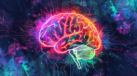 Futuristic brain in neon colors. Glowing brain in network setting. Concept of cognitive science,...