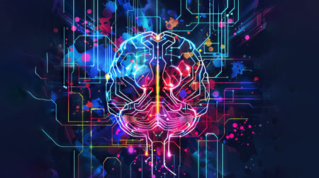 Futuristic brain in neon colors. Brain in network setting. Concept of cognitive science, brain...