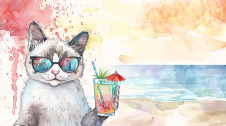 Stylish Cat in sunglasses, enjoying tropical cocktail on sunny beach. Feline with soft drink. Banner. Copy space. Concept of summer vibes, refreshing drinks, vacation, leisure. Watercolor illustrationの写真素材