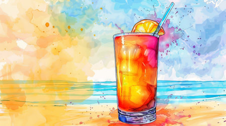 Refreshing tropical cocktail against ocean background. Vibrant drink in natural setting. Concept of summer drinks, exotic beverages, leisure. Banner. Space for text. Watercolor illustrationの写真素材