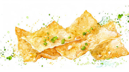 Watercolor illustration of golden-brown flaky flatbreads. Traditional dessert. Concept of street food, Asian snacks, cultural cuisine, culinary, exotic dining.の写真素材