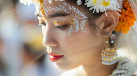 Thai bride with exquisite golden facial decorations and flowers. Close-up of bridal makeup and hairstyle. Concept of Thai wedding beauty, ornate makeup artistry, and cultural traditions.の写真素材