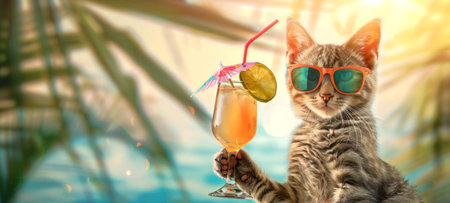 Cat in sunglasses, enjoying tropical cocktail on a sunny beach. Blurred background. Feline with soft...