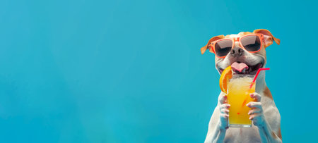 Relaxed French Bulldog with a cocktail. Blue background. Vacation vibe with a dog enjoying a soft drink. Concept of summer relaxation, pet holidays, and tropical leisure. Banner. Copy spaceの写真素材
