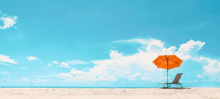 Beachside setup with umbrella and chair. Lone umbrella and chaise lounge on sandy coast. Concept of solitude, tranquil beach day, leisure, and sunbathing. Banner. Copy spaceの写真素材
