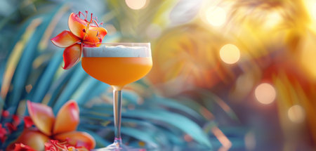Refreshing tropical cocktail against blurred tropical background. Vibrant drink in natural setting....