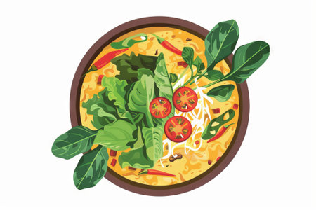 Vibrant illustration of Larb Moo, traditional Thai dish, featuring minced pork, chili, fresh herbs...