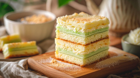 Thai layer cake, colorful Khanom Chan on a plate. Pastel-colored dessert with multiple layers. Concept of Thai sweets, traditional desserts, festive treats, Asian cuisineの写真素材