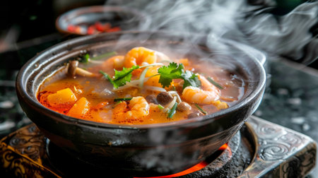 Authentic Thai Tom Yum soup in bowl, featuring prawns, mushrooms, fresh herbs. Aromatic and spicy broth. Concept Asian culinary, Thai cuisine, exotic dining, traditional dish, culinaryの写真素材
