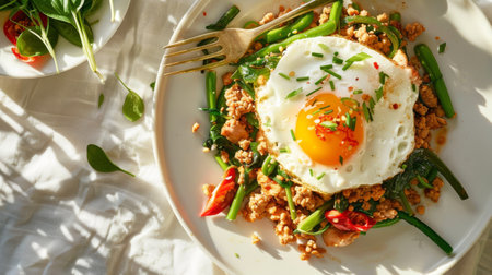 Thai basil chicken topped with a fried egg, featuring ground chicken, green beans, and red chili....
