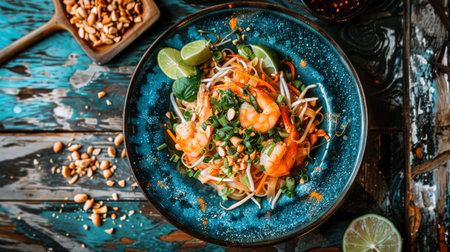 Pad Thai with tofu, noodles, and mixed vegetables served in ceramic bowl. Traditional Thai dish with lime and peanuts. Concept of vegetarian cuisine, Asian culinary tradition. Top viewの写真素材