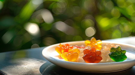Colorful Thai jelly fruits on plate, set against a sunlit garden background. Vibrant gelatin...