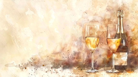 Champagne bottle with glasses on aquarelle background. Watercolor illustration of celebratory drinks. Concept of celebration, festivities, toast, elegance, romance, New Year. Banner. Copy spaceの写真素材