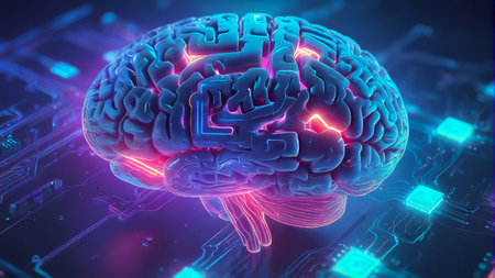 Neon-lit brain illustration in a digital environment. Vivid depiction of a human brain glowing in...