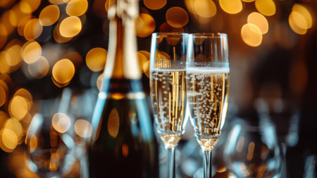 Champagne flutes with sparkling wine on a festive background. Elegant celebration setting with golden lights. Concept of luxury, celebration, and New Year's Eve.の写真素材