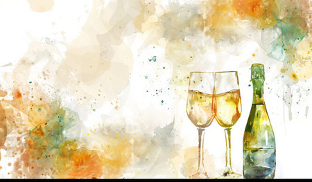 Champagne bottle with glasses on aquarelle background. Watercolor illustration of celebratory drinks. Concept of celebration, festivities, toast, elegance, and New Year. Banner. Copy spaceの写真素材