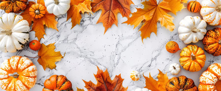 Festive autumn mockup with pumpkins and leaves. White and marble background with space for text. Concept of fall design, Thanksgiving card, harvest celebration, and elegant seasonal layout.の写真素材