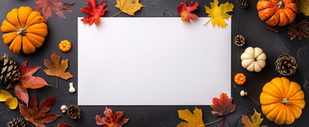 Autumn leaves and pumpkins on dark textured backdrop. Blank paper for text in center. Thanksgiving...