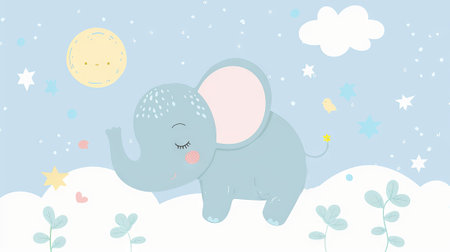 Cute sleeping cartoon baby elephant. Playful elephant in the clouds. Concept of digital illustration, creativity, joyful design, cute animal, kids character, nurseryの写真素材