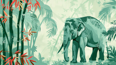 Cartoon illustration of Elephant in the wild nature. Majestic animal in its natural habitat. Concept of wildlife, savanna ecosystem, nature conservation. Digital artの写真素材