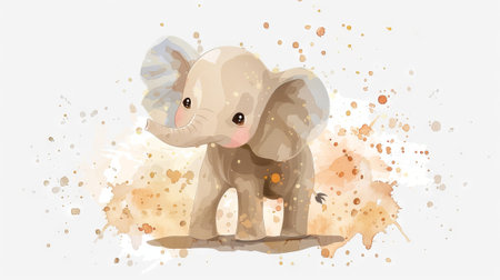 Adorable watercolor baby elephant on colorful abstract background. Playful elephant in splash of colors. Concept of aquarelle illustration, creativity, joyful design, cute animal, playful characterの写真素材