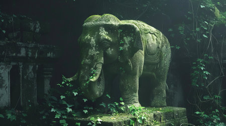 Jungle-engulfed elephant monument. Overgrown elephant statue in a dense forest. Concept of...