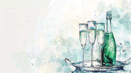Champagne bottle with glasses on aquarelle background. Watercolor illustration of celebratory drinks. Concept of celebration, toast, elegance, festivities, romance, and Christmas. Banner. Copy spaceの写真素材
