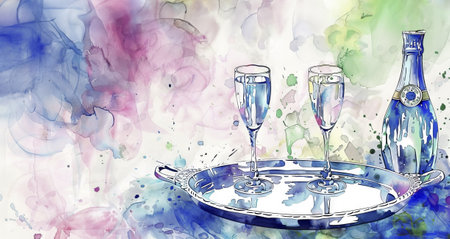 Champagne bottle with glasses on aquarelle background. Watercolor art of celebratory drinks. Concept of celebration, toast, elegance, festivities, romance, and New Year. Copy spaceの写真素材