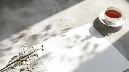 Textured table with tea cup and blank white paper for text. Minimalist setup with drink and space...