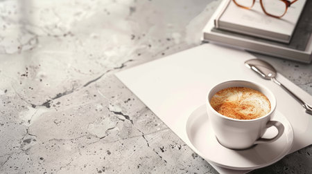 Coffee cup with a blank sheet on a distressed background. Empty paper and a beverage on a textured surface. Concept of starting fresh, artistic expression, office break, minimalist design. Copy spaceの写真素材