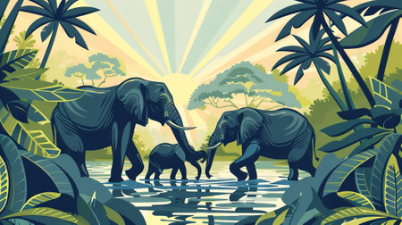 Elephant family roaming in a sunlit forest. Golden light bathes the tranquil scene. Concept of family unity, wildlife in nature, and peaceful coexistence. Digital artの写真素材