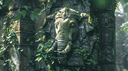 Elephant statue overgrown with jungle flora. Ancient elephant sculpture in a lush forest. Concept of archaeology, hidden treasures, and jungle exploration.の写真素材