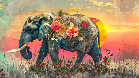 Floral elephant in a sunset background. Blossom-ornamented elephant amidst nature. Concept of serene...