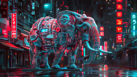 Futuristic robotic elephant wandering through a neon cyberpunk cityscape. Intricately designed mechanical elephant in urban environment. Concept of sci-fi, futuristic technology, imaginative city lifeの写真素材