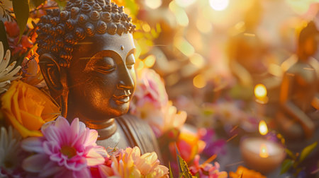Meditative Buddha statue among flowers. Tranquil Buddhist sculpture. Symbol of Buddhism. Concept of Zen, meditation, religion, peace, spiritual enlightenment. Banner. Copy spaceの写真素材