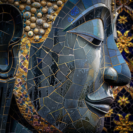 Close-up of a Buddha statue's face with golden accents. Aged texture on a spiritual sculpture. Concept of Buddhism, ancient art, religious iconの写真素材