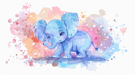 Adorable watercolor baby elephant on colorful abstract background. Playful elephant in splash of colors. Concept of aquarelle illustration, creativity, joyful design, cute animal, playful characterの写真素材