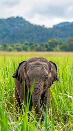 Cute baby Elephant in the wild nature. Majestic little animal in its natural habitat. Concept of wildlife, savanna ecosystem, nature.の写真素材