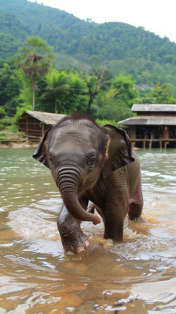 Cute baby Elephant in the wild nature. Majestic little animal in its natural habitat. Concept of wildlife, savanna ecosystem, natural beautyの写真素材