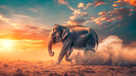 Elephant in the wild nature. Majestic animal in its natural habitat. Concept of wildlife, savanna ecosystem, nature conservation, natural beauty.の写真素材