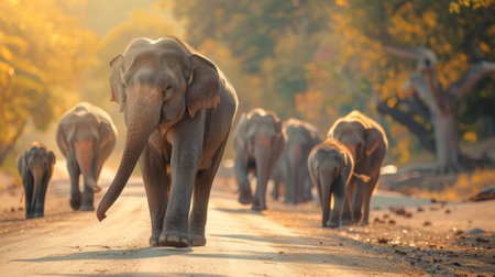 Sunrise illuminates an Asian elephant herd on a dusty path. Detailed capture of leading elephants. Concept of natural wildlife, group behavior, and serene mornings.の写真素材